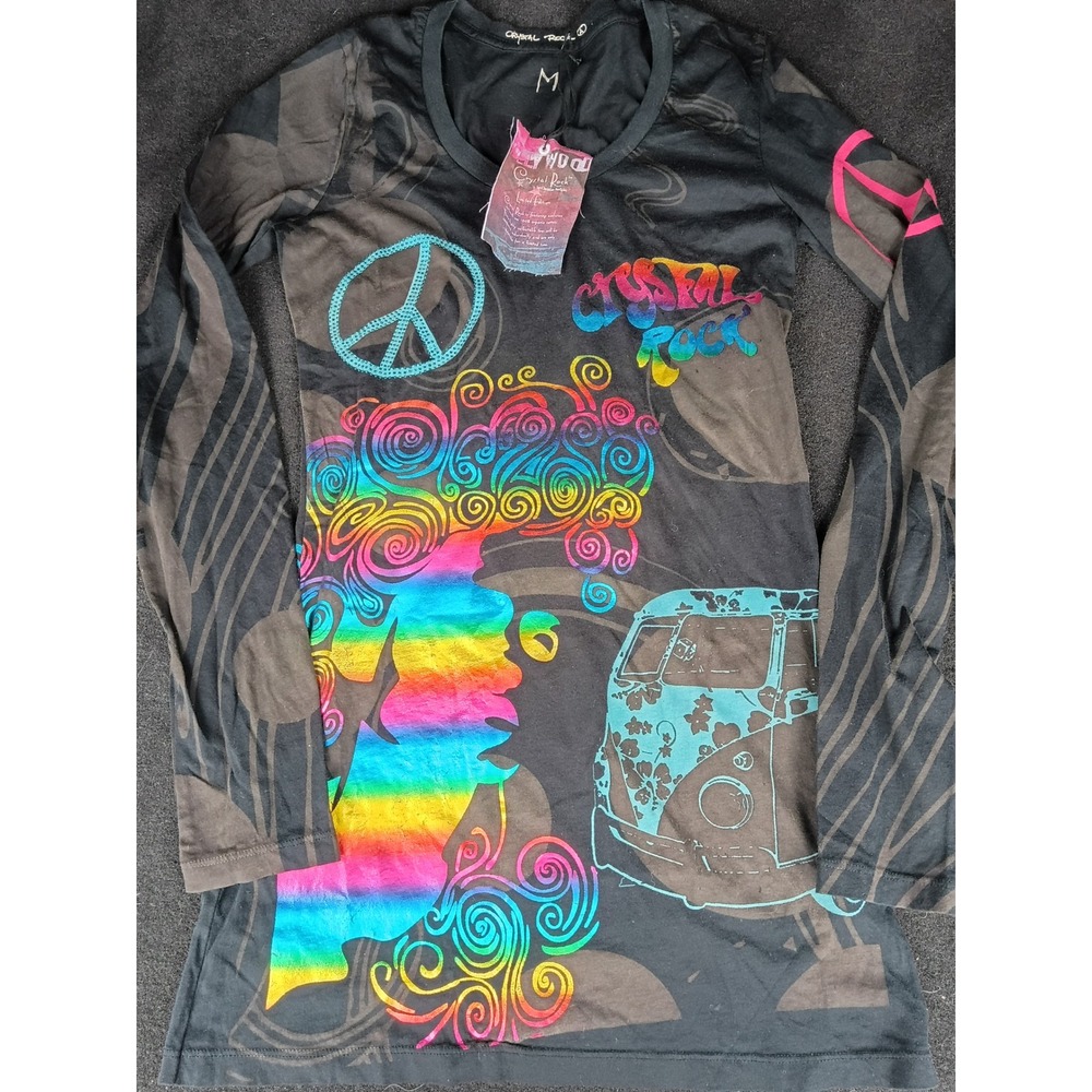 Crystal Rock Christian Audigier Womens Long Sleeve Rainbow Peace Tee Black M NWT